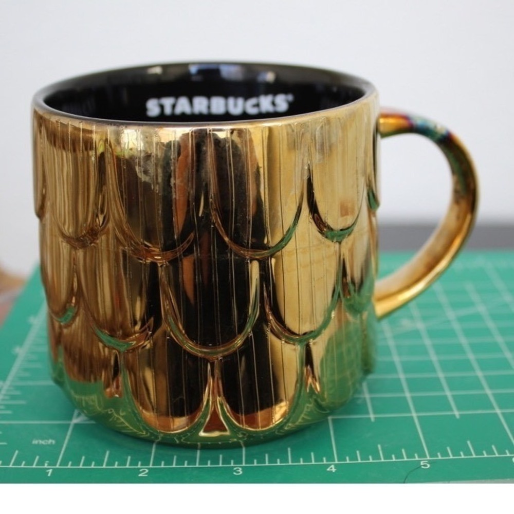 Starbucks 2019 Anniversary Gold Siren Mermaid Scales Mug 14oz Black Interior